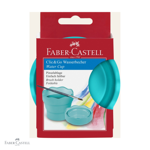 Birotica papetarie - Cutie apa Click-Go Faber-Castell, design ergonomic turcoaz, pentru pictura si desen