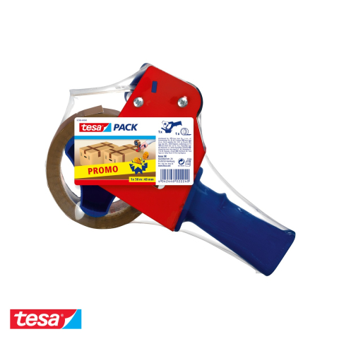 Benzi adezive pentru birou si ambalare - Derulator banda adeziva Tesa 57395 cu banda inclusa 50m x 48mm, pentru ambalare profesionala