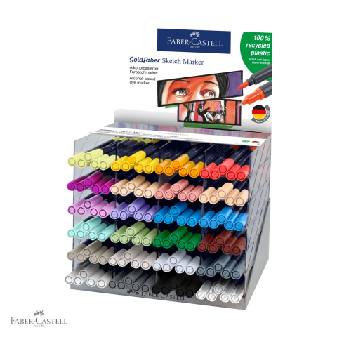 Markere si instrumente de desen artistic - Display 120 markere cu doua capete Faber-Castell Goldfaber, cerneala pe baza de alcool, pentru desen artistic si ilustratie