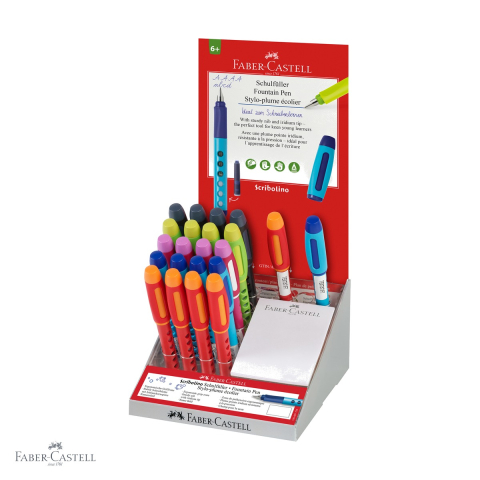 Birotica papetarie - Display 22 stilouri scolare Faber-Castell Scribolino, penita tip A, pentru dreptaci si stangaci, incepatori