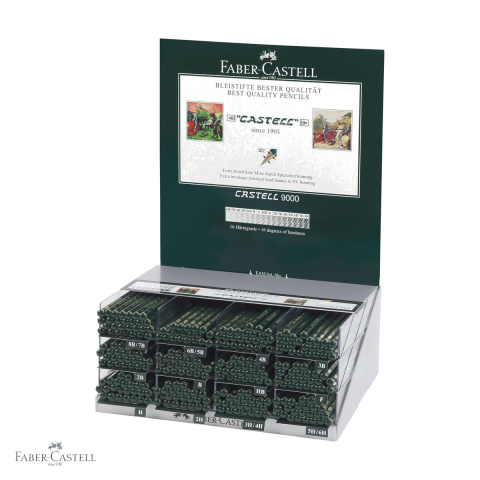 Creioane grafit - Display 288 creioane grafit hexagonale Faber-Castell Castell 9000, 16 grade de duritate, pentru scriere si desen