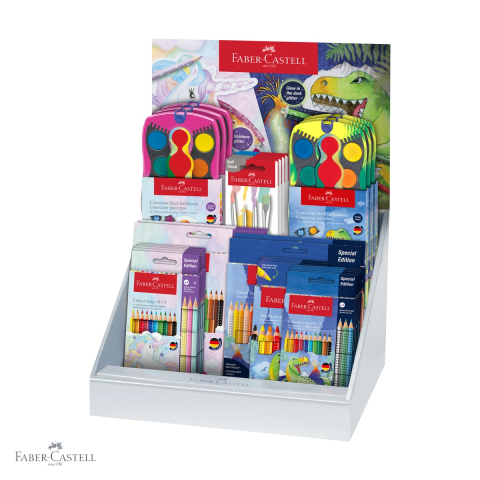 Creioane grafit - Display concept unicorni si dinozauri Faber-Castell 2024, set creioane colorate, acuarele si pensule, pentru copii