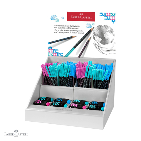 Creioane grafit - Display Faber-Castell Grip Two Tone Family - set 144 creioane Grip, 144 creioane jumbo si 18 ascutitori, pentru scoala si birou