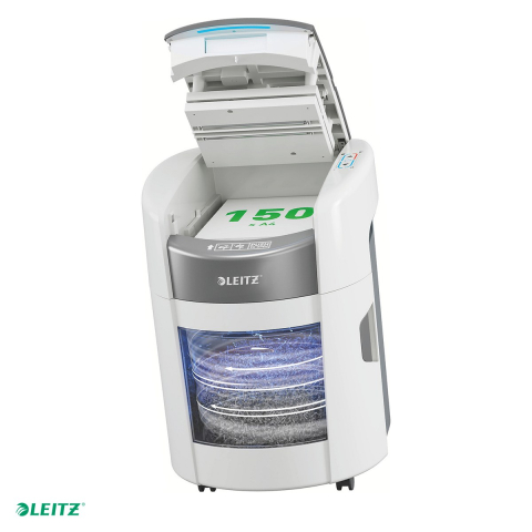 Birotica papetarie - Distrugator de documente Leitz OptiMax Home Office automat, taiere cross-cut P-4, 150 coli automat si 8 manual, cos de 15 l, functionare continua 30 de minute, 55 dBA