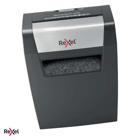 Birotica papetarie - Distrugator de documente Rexel Momentum X406 cu alimentare manuala, taiere cross-cut P-4 in particule de 4x30 mm, 6 coli, cos de 15 l, pentru acasa