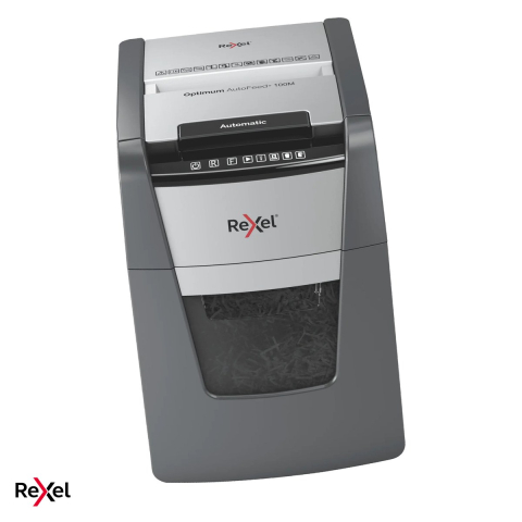 Birotica papetarie - Distrugator de documente Rexel Optimum 100M automat, taiere micro-cut P-5 in particule de 2x15 mm, 100 coli automat si 6 manual, cos de 34 l, functionare continua 20 de minute