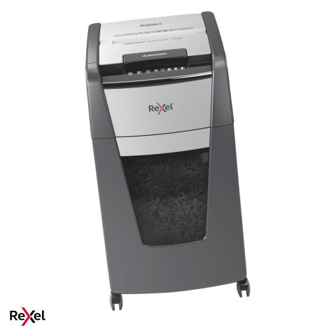 Birotica papetarie - Distrugator de documente Rexel Optimum 225X automat, taiere cross-cut P-4 in particule de 4x26 mm, 225 coli automat si 10 manual, cos de 60 l, pe roti, functionare continua 30 de minute