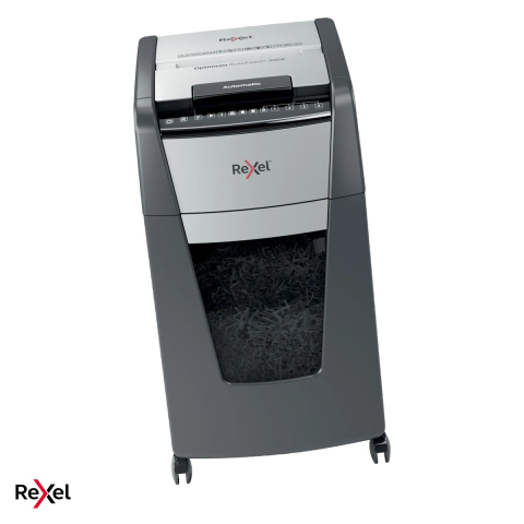 Birotica papetarie - Distrugator de documente Rexel Optimum 300X automat, taiere cross-cut P-4 in particule de 4x26 mm, 300 coli automat si 10 manual, cos de 60 l, pe roti, blocare cu cod PIN