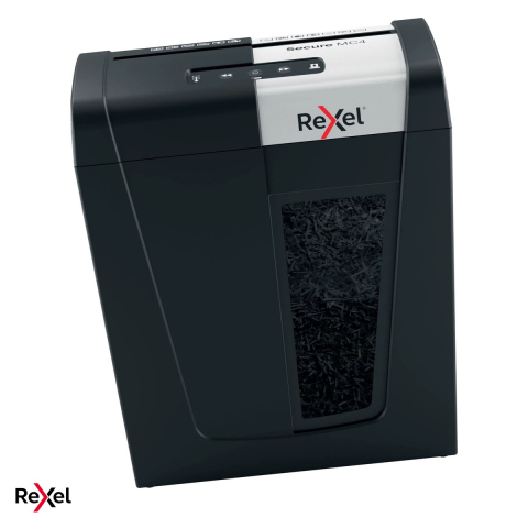 Birotica papetarie - Distrugator de documente Rexel Secure MC4 cu alimentare manuala, taiere micro-cut P-5, 4 coli, cos de 14 l cu geam de vizualizare, Whisper-Shred, distruge capse si agrafe