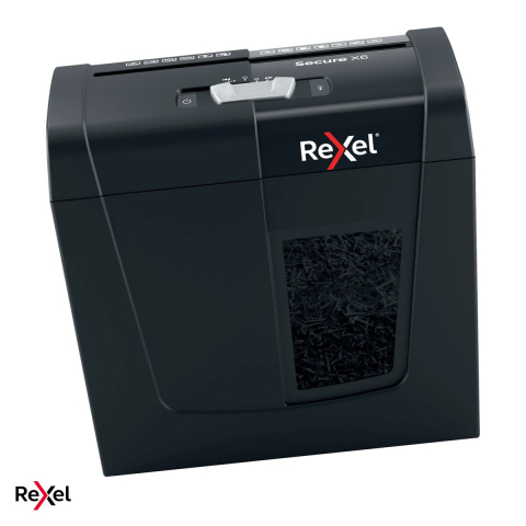 Birotica papetarie - Distrugator de documente Rexel Secure X6 cu alimentare manuala, taiere cross-cut P-4, 6 coli, cos de 10 l cu geam de vizualizare, distruge capse si agrafe, functionare silentioasa