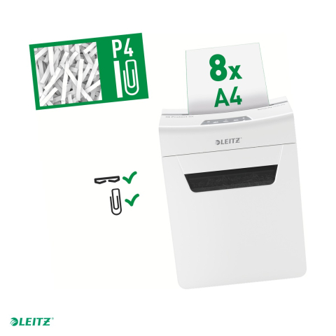 Birotica papetarie - Distrugator documente manual Leitz IQ Protect 8X, P4, cross-cut (confeti), taiere 8 coli, cos 14l, alb