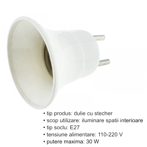 Dulie cu stecher, pentru bec, fasung E27, din plastic, cu conectare la priza retea electrica, alba [5]