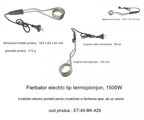 Fierbator electric tip termoplonjon, 1500W, lungime totala 32.5 cm, cablu alimentare 65 cm, negru [9]