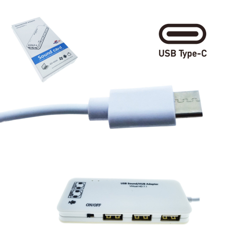 Hub cu conector USB Tip C si placa de sunet, 2in1, cu 3 porturi USB, interfata USB 2.0, iesire 3 x jack 3.5mm mama, indicator Led, cu cablu 45 cm, alb [4]