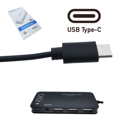 Hub cu conector USB Tip C si placa de sunet, 2in1, interfata USB 2.0, 3 porturi USB, iesire 3 x jack 3.5mm mama, indicator Led, cu cablu 45 cm, negru [11]