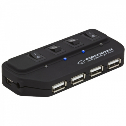 Hub USB 2.0 4 porturi cu comutatoare si alimentare, Esperanza 76993, indicator LED, negru [3]