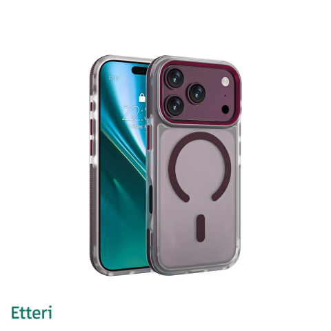 Huse si protectii smartphone - Husa Etteri Icy Mag cherry pentru iPhone 17 Pro Max, Carcasa magnetica, protectie telefonica, marginile antiderapante, buton metalic, PC, TPU (poliuretan termoplastic), Visiniu