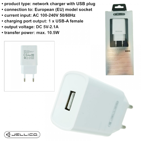 Incarcator de retea cu un port USB, Jellico WJ-C58 92399, 5V, 2.1A, alb [5]