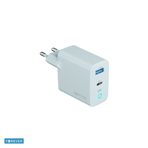 Accesorii smartphone - Incarcator Forever TC45AC, GaN PD QC 45 W, 1x USB-C + 1x USB, argintiu