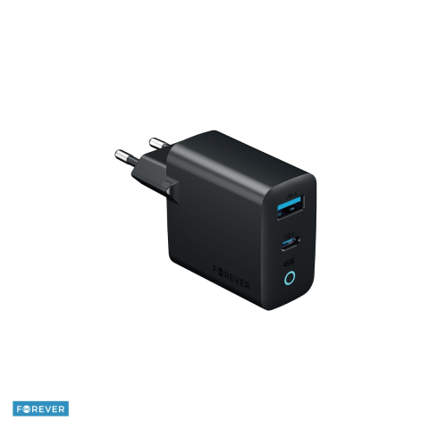 Accesorii smartphone - Incarcator Forever TC45AC, GaN PD QC 45 W, 1x USB-C + 1x USB, gri inchis