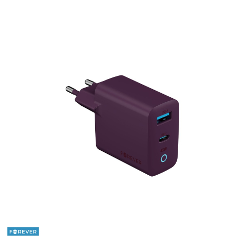 Incarcator priza retea - Incarcator Forever TC45AC, GaN PD QC 45 W, 1x USB-C + 1x USB, visiniu