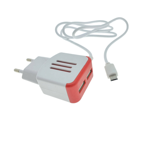 Incarcator USB - Incarcator la priza Euro, 2 porturi USB, DC 5V 3.1A, LED, cablu 85 cm cu conector microUSB, alb cu rosu