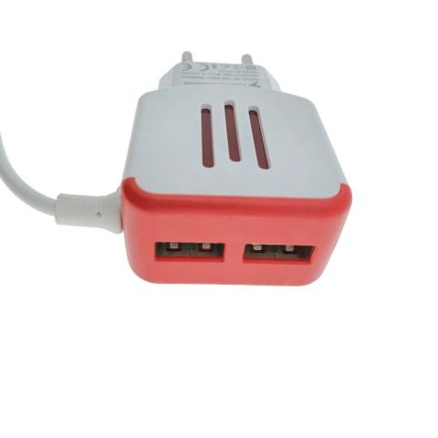 Incarcator la priza Euro, 2 porturi USB, DC 5V 3.1A, LED, cablu 85 cm cu conector microUSB, alb cu rosu [12]