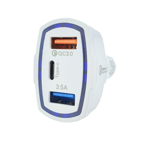 Incarcator rapid auto 35W, cu 3 porturi, USB tip C, USB QC 3.0 si USB 3.5A, 12 - 32 V, cu protectie, alb [15]
