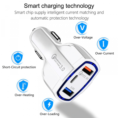 Incarcator rapid auto 35W, cu 3 porturi, USB tip C, USB QC 3.0 si USB 3.5A, 12 - 32 V, cu protectie, alb [7]