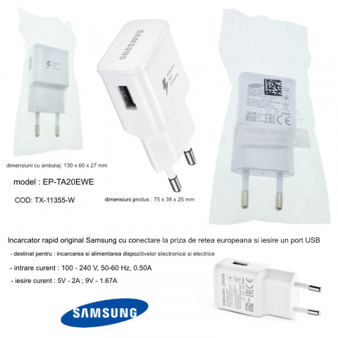 Incarcator rapid la priza retea la 1 x USB, Samsung EP-TA20EWE Adaptive Fast Charging, 5V 2A, alb [9]