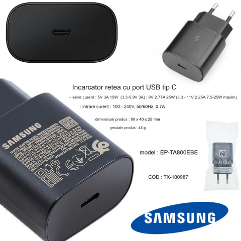 Incarcator retea cu port USB tip C, pentru Samsung, EP-TA800EBE, Super Fast Charging, 5V 3A, maxim 25W, negru [4]