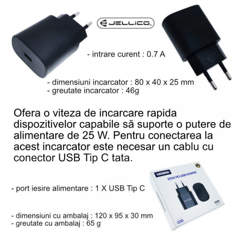 Incarcator USB Tip C la priza Euro, Jellico C35 10651, 25W, Fast Charging, 100 - 240V, 3A, negru [6]
