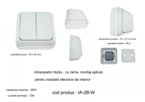 Intrerupator cu 2 butoane, aplicat, cu rama, 80 x 80 x 35mm, alb [5]