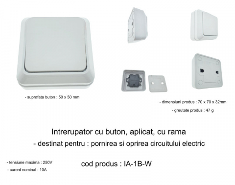 Intrerupator cu buton, aplicat, cu rama, 70 x 70 x 32mm, alb [5]