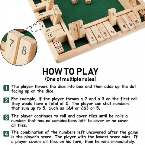 Joc de societate, cu zaruri, Shut The Box Green, 1 - 4 persoane, suprafata 130 x 130 mm, din lemn [18]