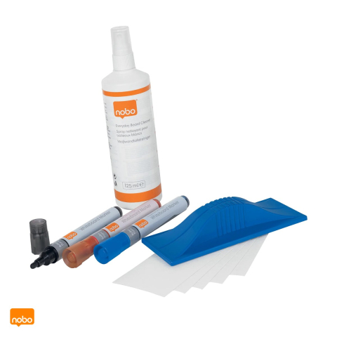 Seturi si kituri whiteboard - Kit whiteboard Nobo cu 3 markere, burete magnetic cu rezerva si spray de curatare 125 ml