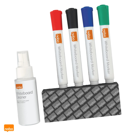 Seturi si kituri whiteboard - Kit whiteboard Nobo cu 4 markere, burete magnetic, rezerva si spray de curatare 50 ml