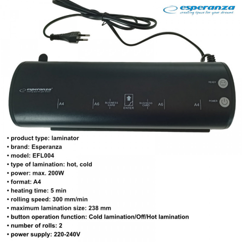 Laminator A4 Esperanza Interstellar 93251, 300 mm/min, laminare A6-A4-carte vizita, cablu alimentare de 130cm, negru [5]