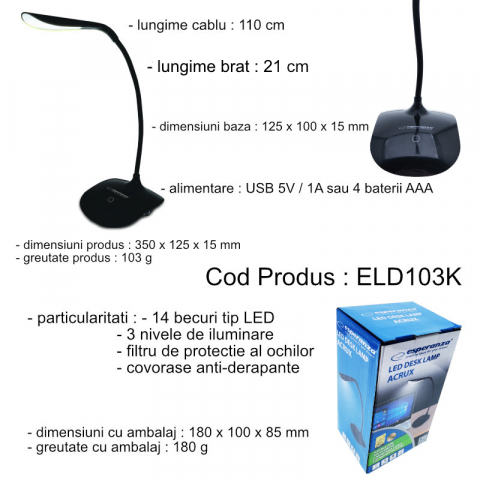 Lampa LED, Esperanza Acrux ELD103K, brat flexibil 21 cm, alimentare duala, cablu 110 cm, 4 x AAA, neagra [5]