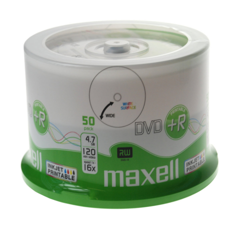 DVD+R printabil - Maxell - DVD+R, 4.7Gb, 16X , Maxell, Printabil Inkjet , Cake Box 50 buc / pret/set