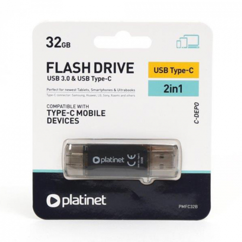 Medii de stocare - Memorie 32 Gb USB 3.0 si USB tip C , Platinet 45451, scriere 40 Mb/s, citire 100 Mb/s, cu capac, neagra
