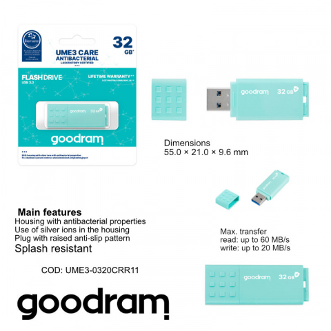 Memorie USB 3.0, 32 GB, Goodram UME3 Care, cu capac, albastra [5]