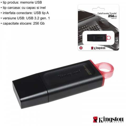 Memorie USB 3.2 Gen 1, 256gb, Kingston DataTraveler Exodia DTX-256GB, cu capac si inel, negru cu rosu [3]