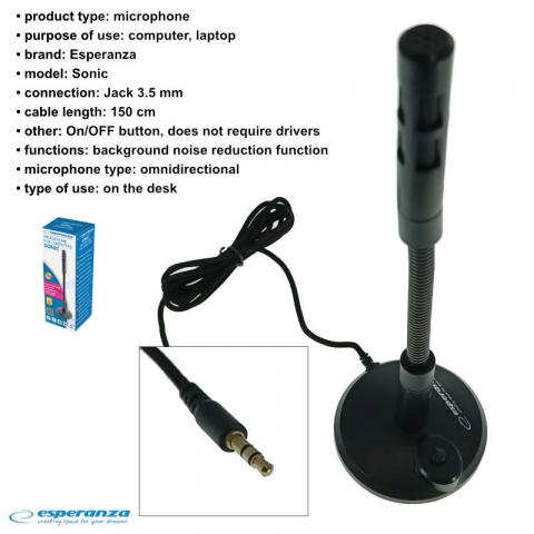 Microfon cu suport, Esperanza Sonic 95791, buton On/Off, cablu 150 cm, conector jack 3.5mm, negru [6]