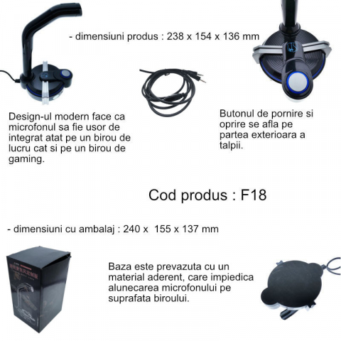 Microfon gaming F18, cu baza 154 x136 mm, conector jack 3.5mm, negru cu gri [6]