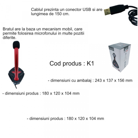 Microfon gaming K1, cu baza 120 x104 mm, lungime cablu 140 cm, conector USB, negru cu rosu [11]
