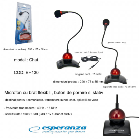 Microfon PC cu brat flexibil 18 cm si buton pornire, Esperanza Chat 476903, conector jack 3.5mm si cablu 2 m, negru cu rosu [12]