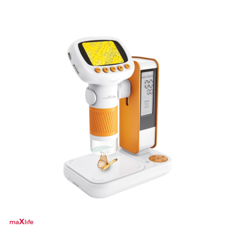 Lupe - Microscop digital Maxlife MXDM-200, cu suport, ceas, marire 50X-1000X, inregistrare Full HD 1080p, interval focalizare 10-40mm, iluminare LED, acumulator 800mAh, port USB-C, portocaliu