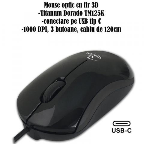 Mouse optic cu fir si conector USB-C, 3D, Titanum 94670, 1000 DPI, 100 x 55 x 30 mm, cablu 120cm, negru [6]