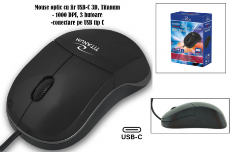 Mouse optic cu fir si conector USB-C, Titanum 94543, 1000 DPI, 3 butoane, 100 x 55 x 35 mm, cablu 120cm, negru [5]
